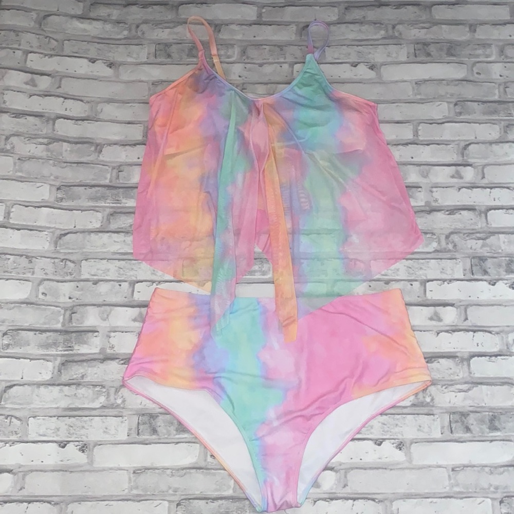 SHEIN Plus Tie-Dye Wash Sheer Bikini Swimsuit